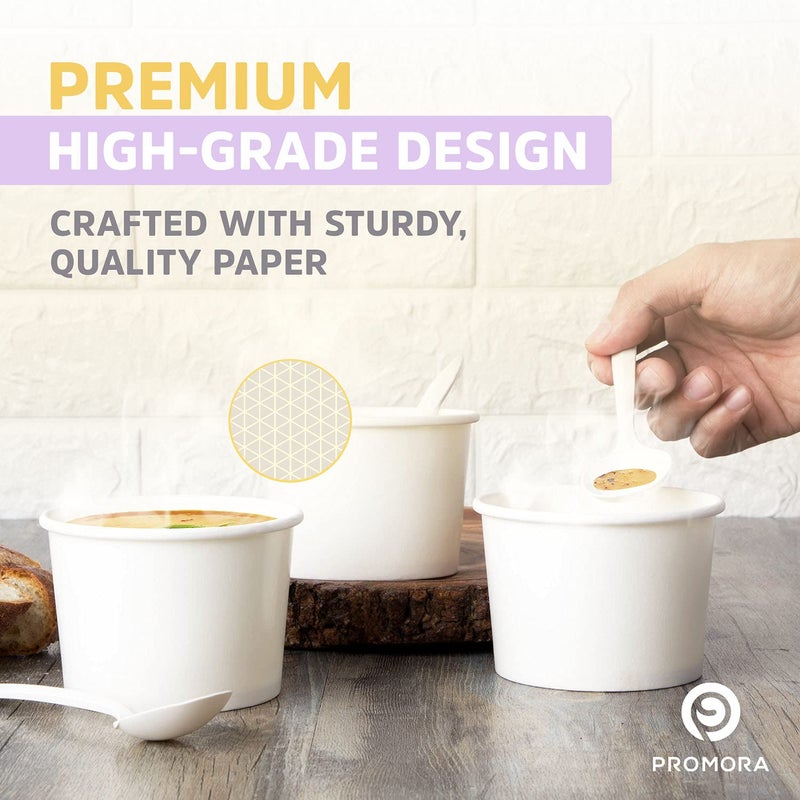 Promora 12oz Paper Ice Cream Cups Disposable 50 Count + Spoons, Bowls for Hot Soup/Dessert with Spoons, Perfect for Hot & Cold Food, Disposable Soup Bowls, Ice Cream Bowls, Frozen Yogurt (White 12oz) - Image 2